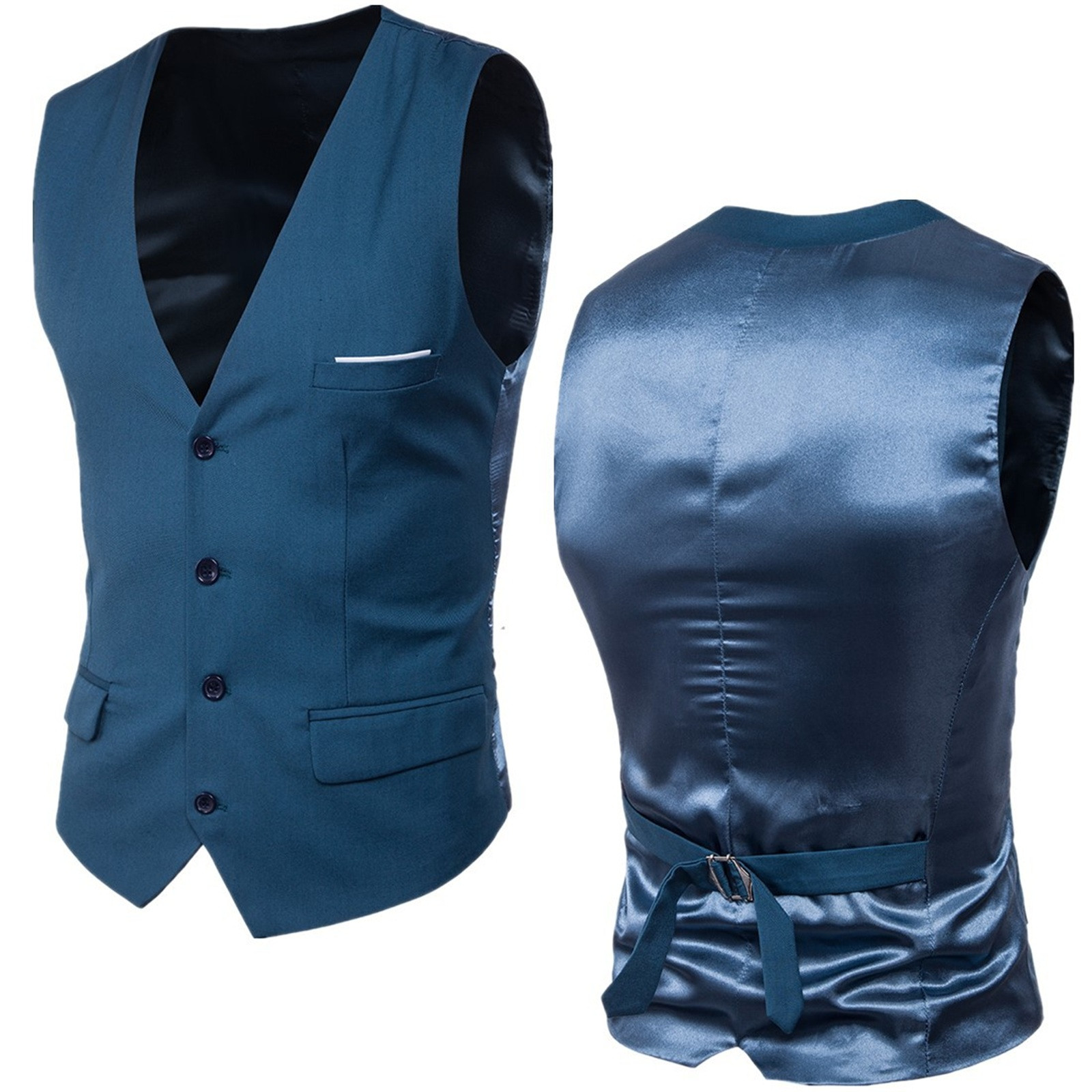thumbnail image 2 of Chaleco de traje liso con cuello en V para hombre - Chaleco de boda ajustado - Chaleco formal de poliéster para negocios, tallas M-XXXXXXL, 2 of 8